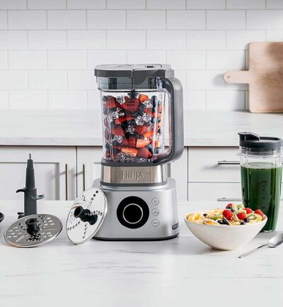 Ninja foodie blender with attachments in white kitchen