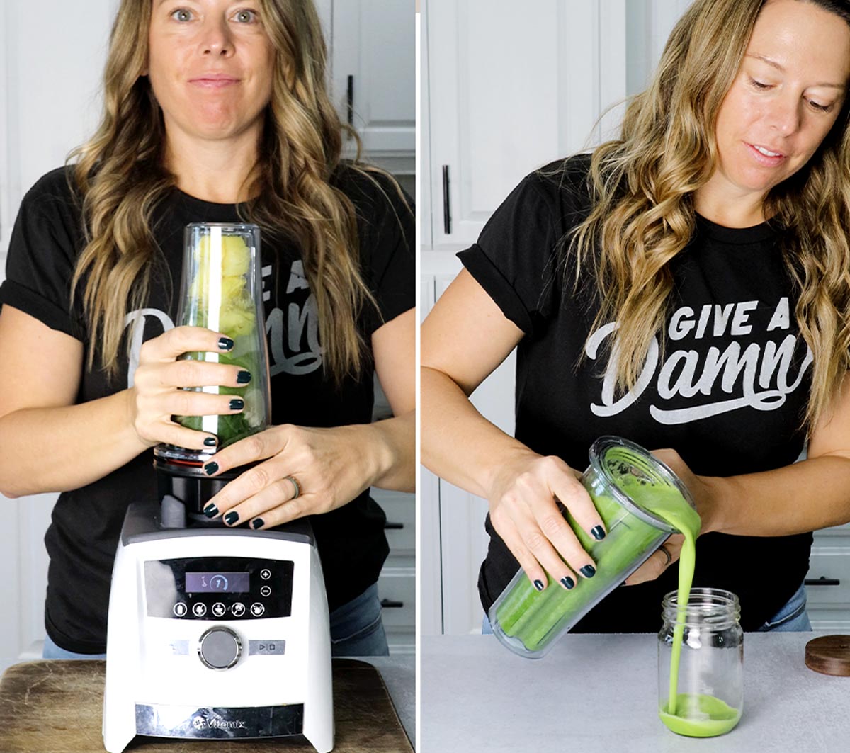 Woman using a white vitamix blender to make smoothie with singe serve container.