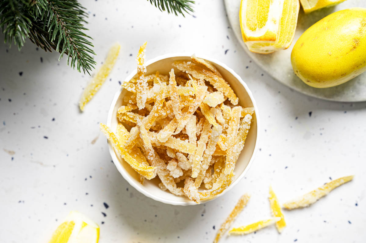 A bowl of fresh candied lemon peel.