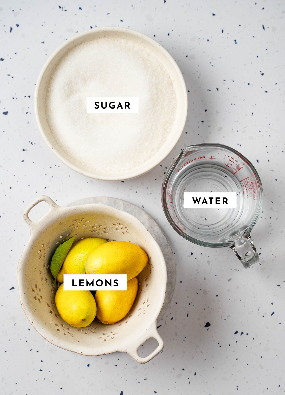 Labeled ingredients for candied lemon peel. 
