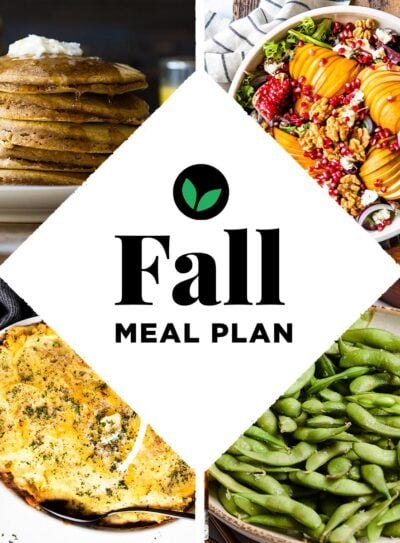 white diamond box that says Fall Meal Plan overtop pumpkin pancakes, salad, shepherd's pie and edamame.