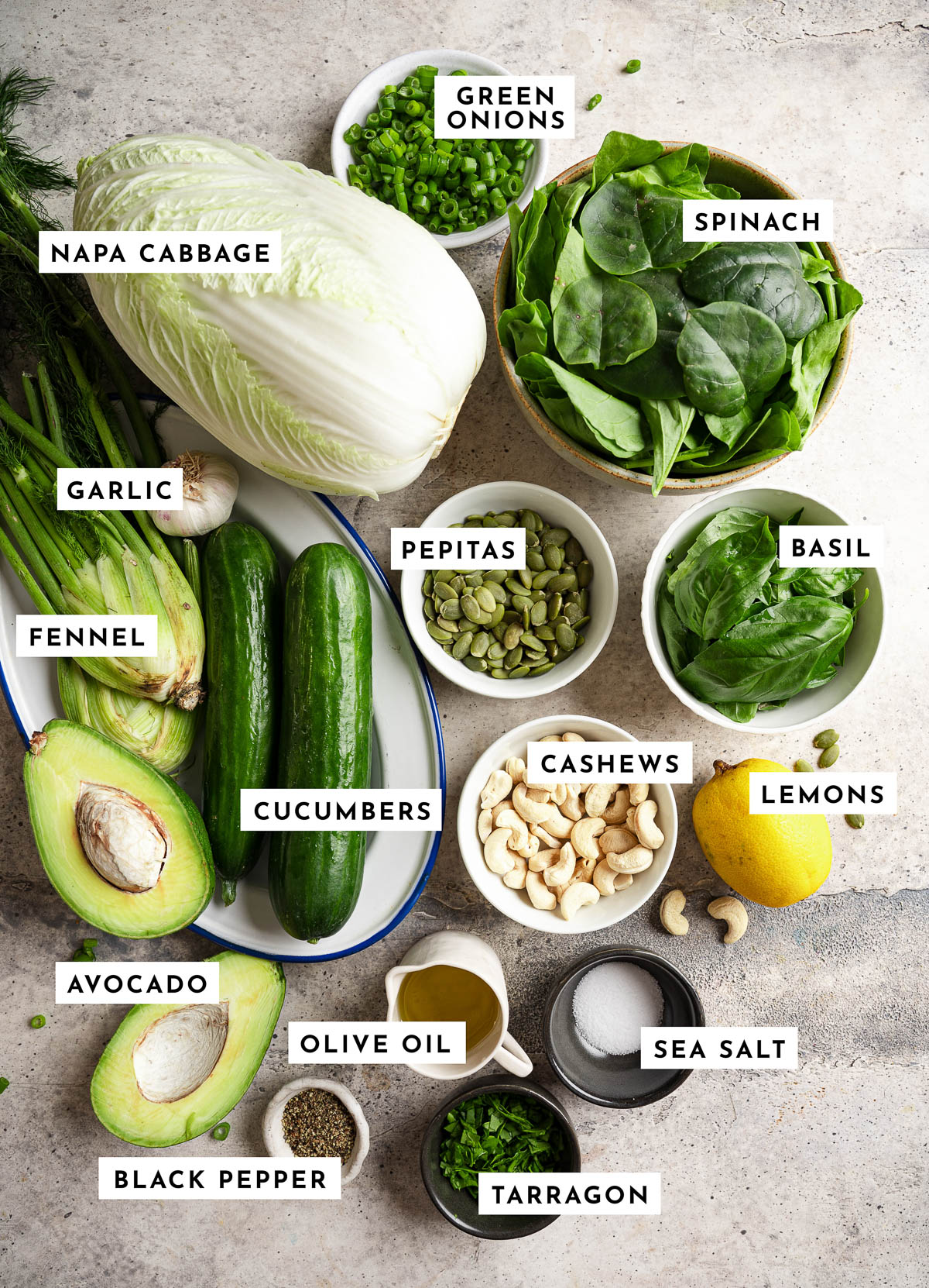 Ingredients for colorful and vibrant green goddess salad.
