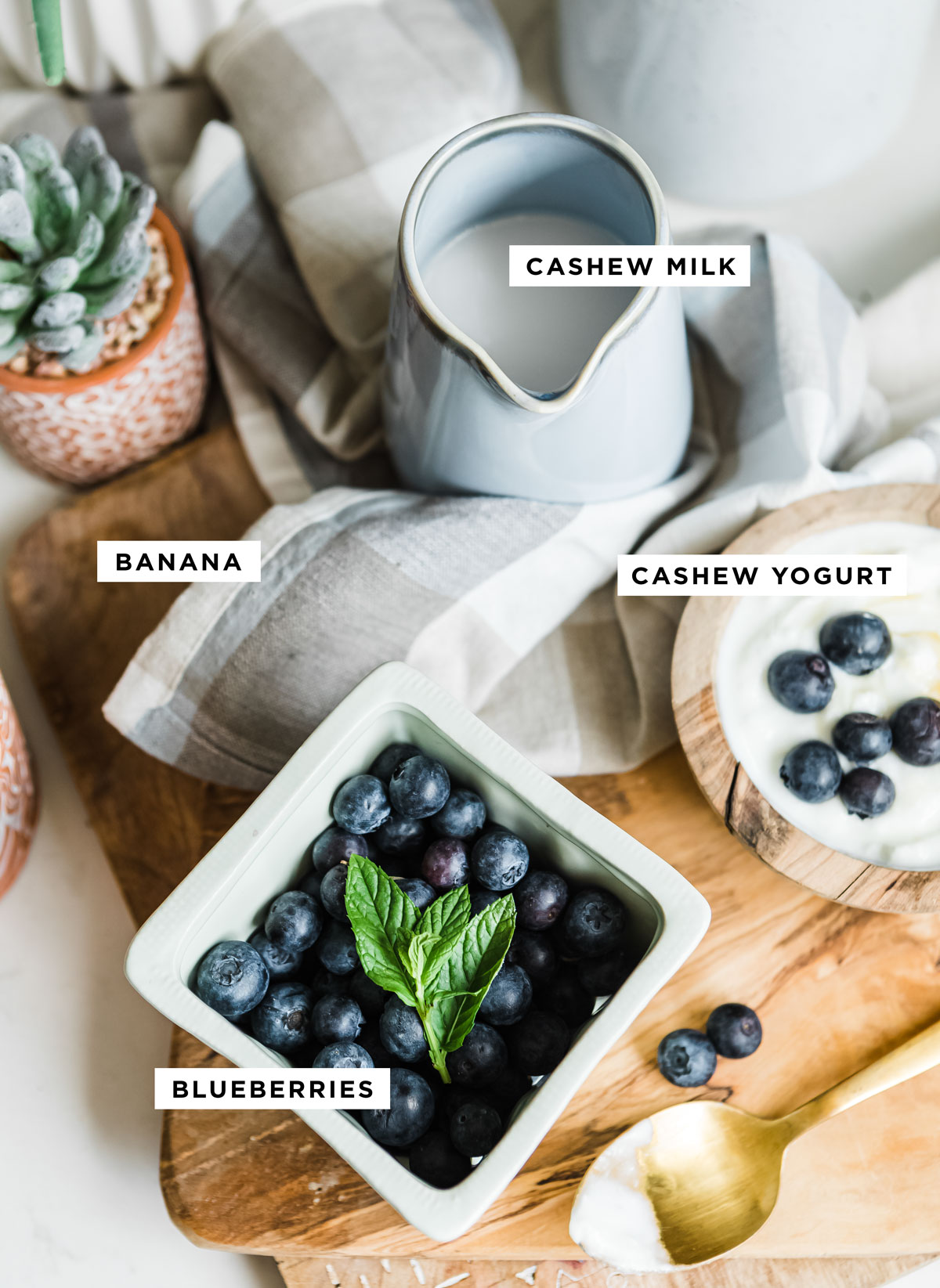 Labeled ingredients for healthy blueberry smoothie.