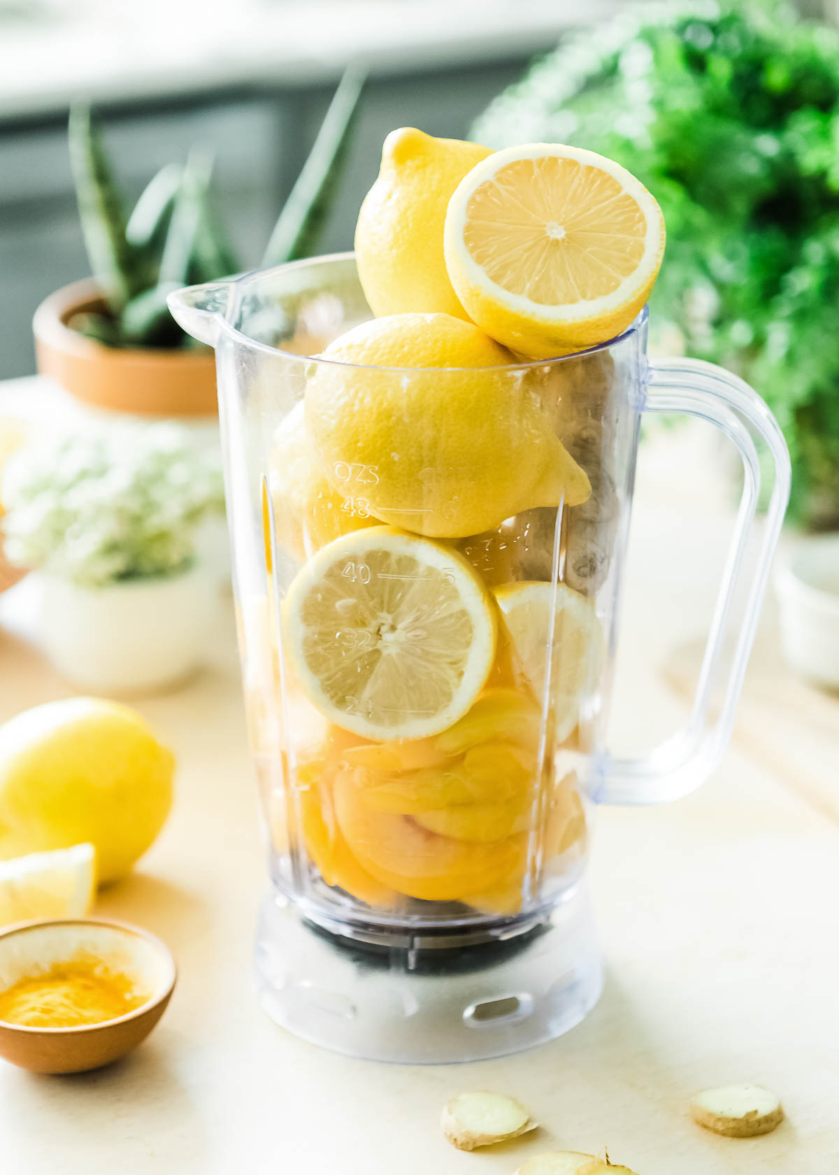 Lemon smoothie ingredients placed in a blender jar.