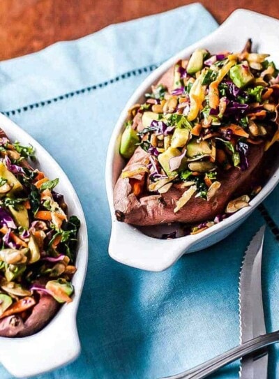 a beautifully plated loaded sweet potato
