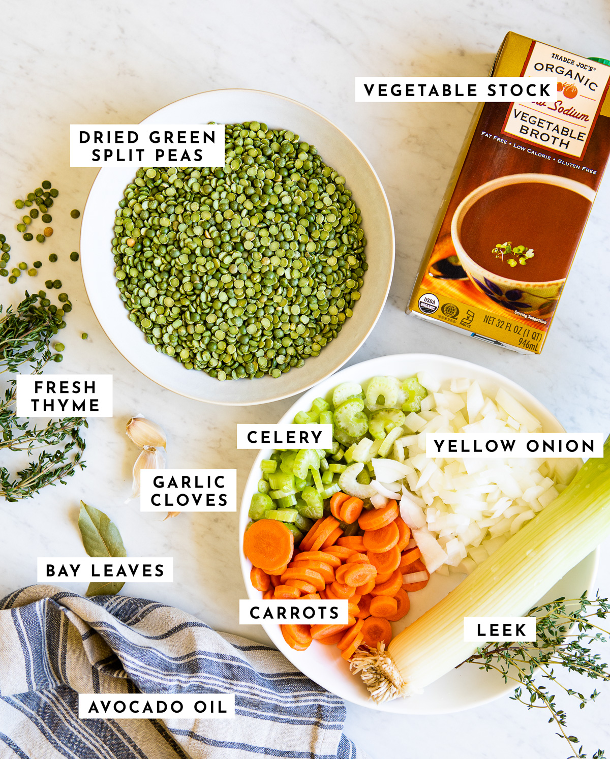 Labeled ingredients for vegetarian split pea soup.
